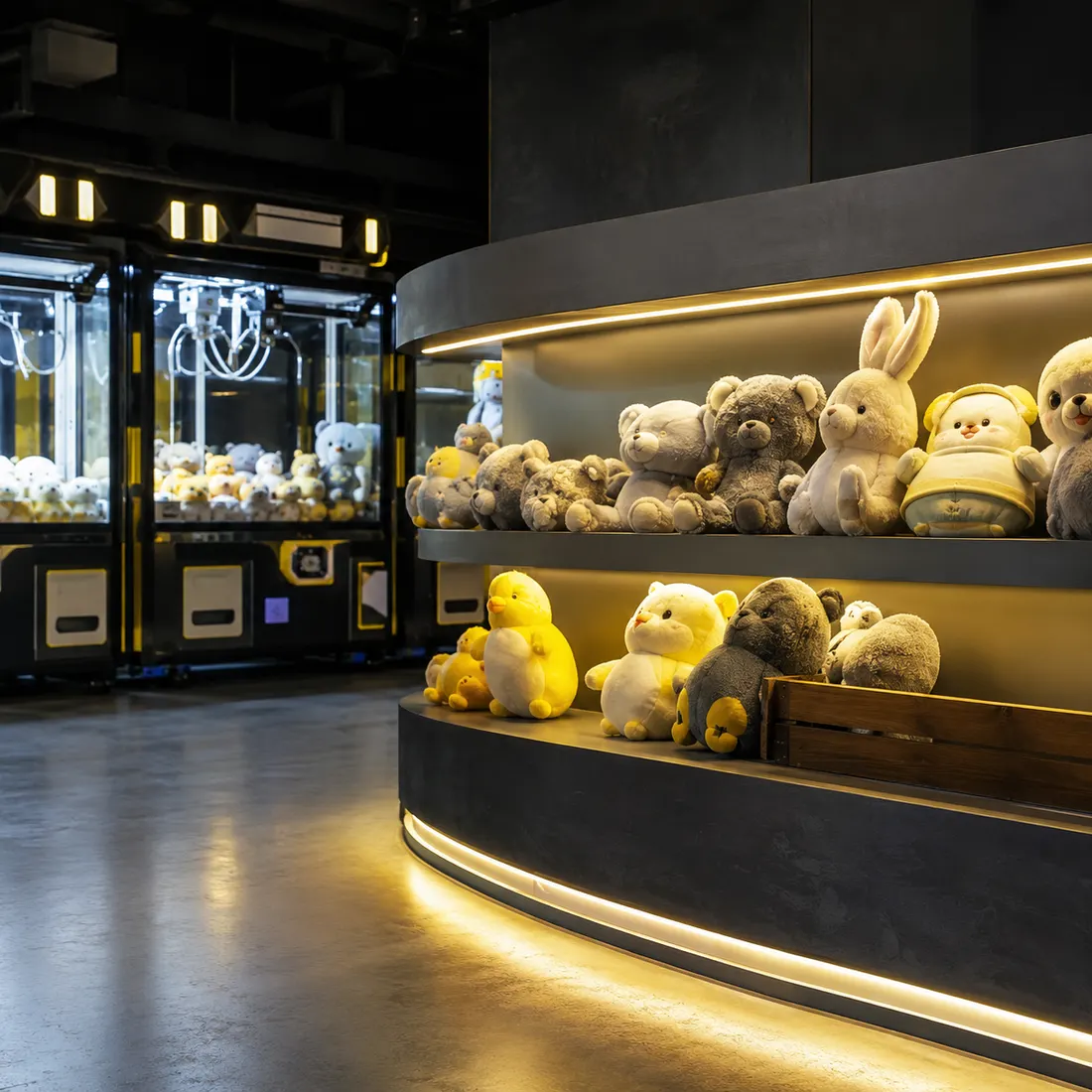 Estante con peluches y máquinas de garra en la zona de premios